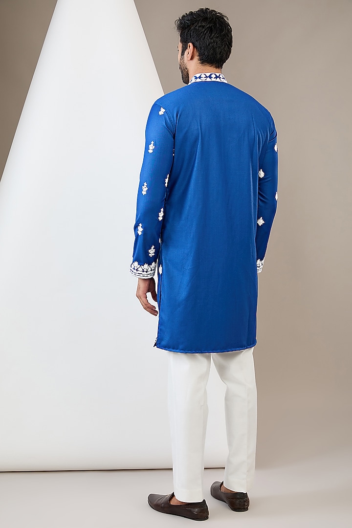 Blue Cotton Rayon Dori Embroidered Bundi Jacket Set by Dev Kumar at Pernia's Pop Up Shop