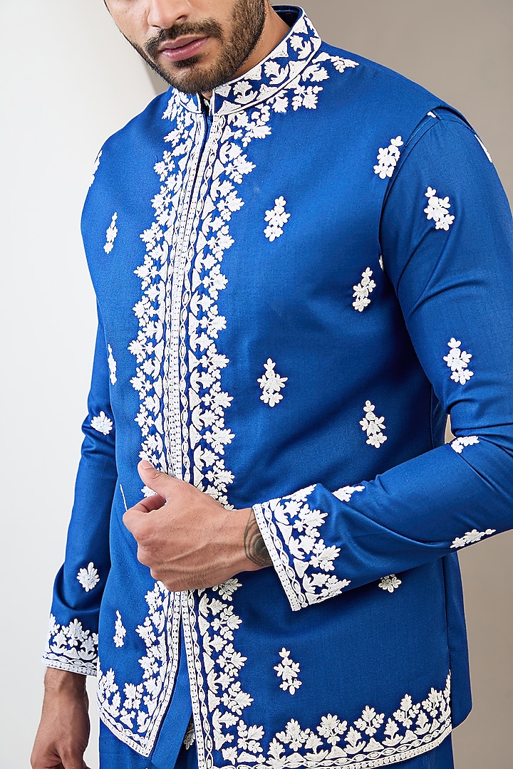 Blue Cotton Rayon Dori Embroidered Bundi Jacket Set by Dev Kumar at Pernia's Pop Up Shop