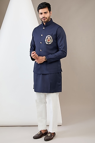 Navy Blue Cotton Rayon Hand Embroidered Bundi Jacket Set by Dev Kumar
