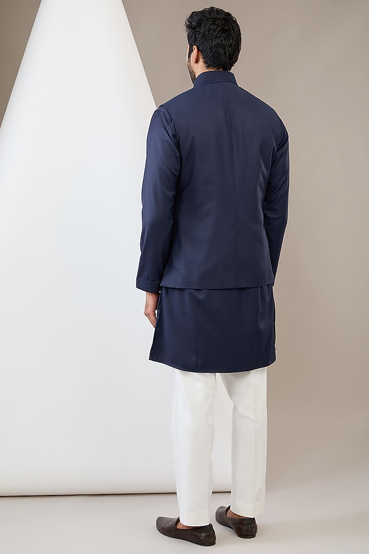 Navy Blue Cotton Rayon Hand Embroidered Bundi Jacket Set by Dev Kumar at Pernia's Pop Up Shop