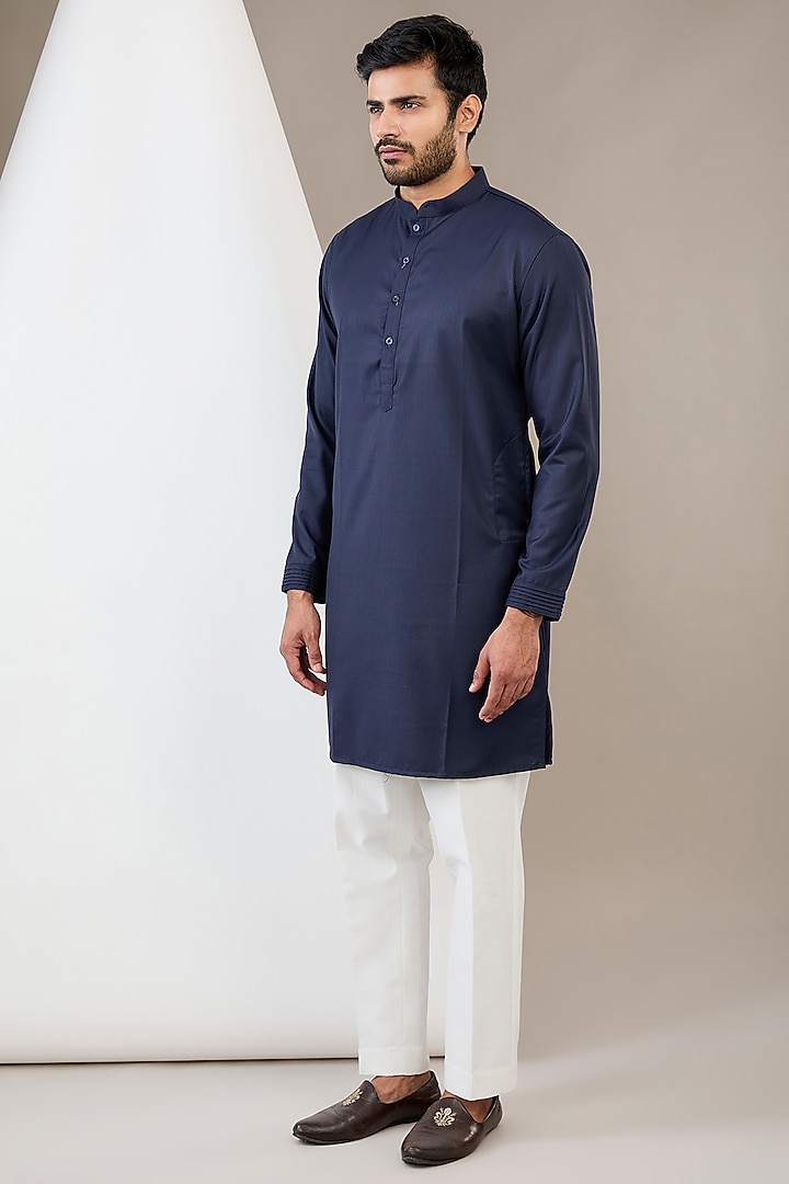 Navy Blue Cotton Rayon Hand Embroidered Bundi Jacket Set by Dev Kumar at Pernia's Pop Up Shop