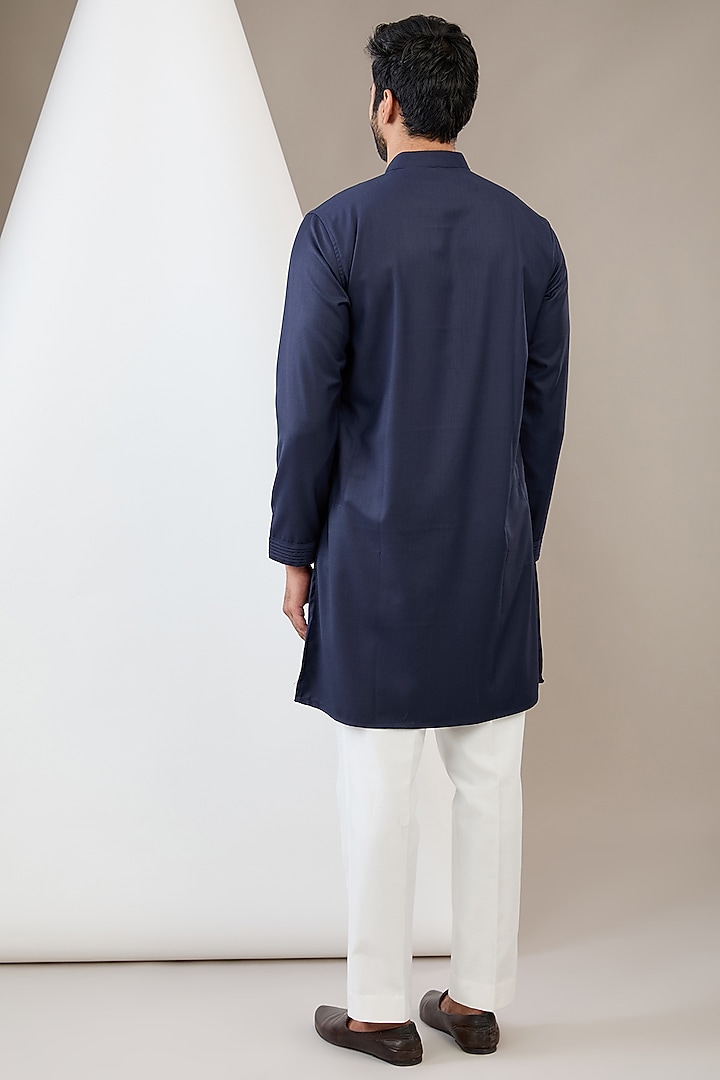 Navy Blue Cotton Rayon Hand Embroidered Bundi Jacket Set by Dev Kumar at Pernia's Pop Up Shop