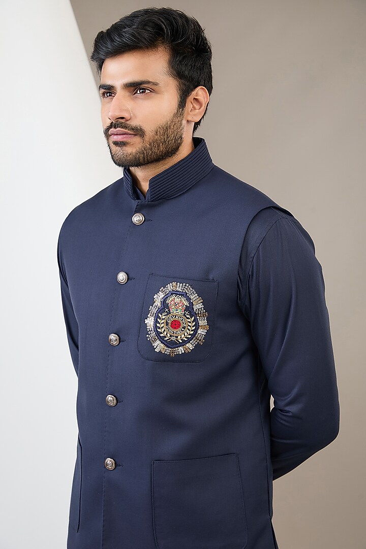 Navy Blue Cotton Rayon Hand Embroidered Bundi Jacket Set by Dev Kumar at Pernia's Pop Up Shop