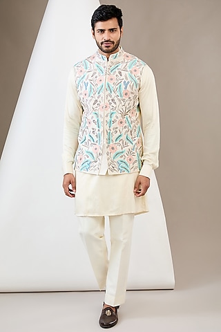 Ivory Raw Silk Resham & Dabka Embroidered Bundi Jacket Set by Dev Kumar