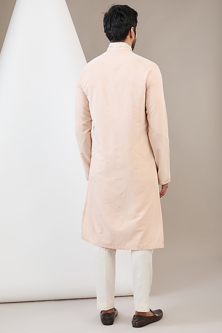 Peach Cotton Silk Mirror Embroidered Kurta Set by Dev Kumar at Pernia's Pop Up Shop