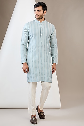 Sky Blue Cotton Silk Thread Embroidered Kurta Set by Dev Kumar
