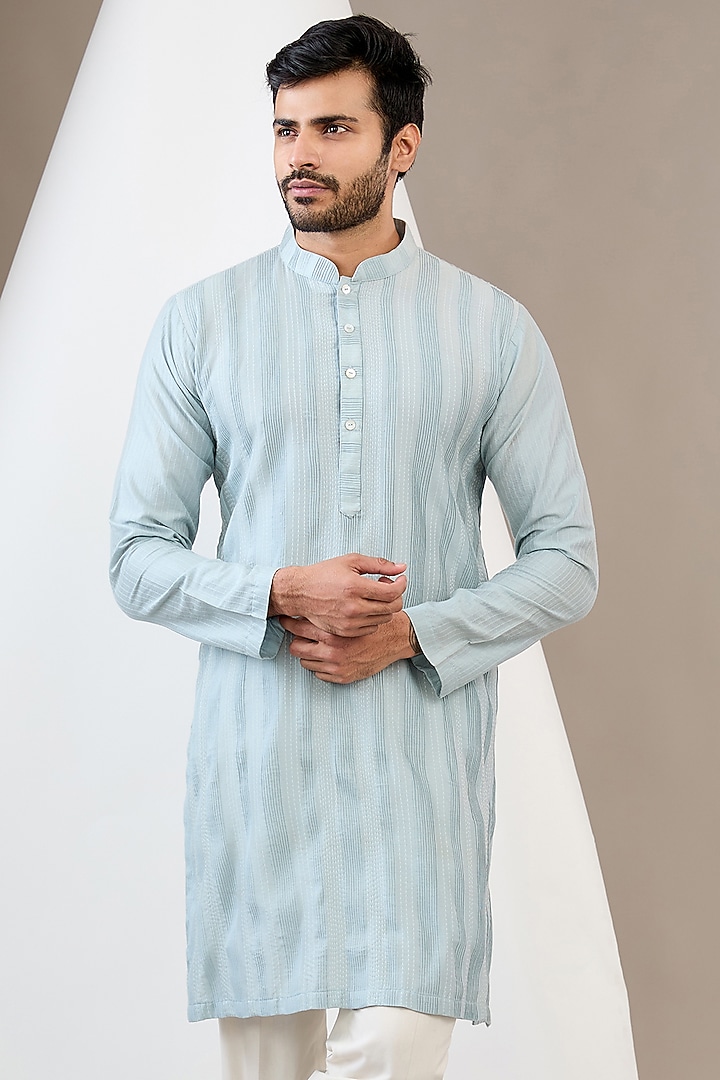 Sky Blue Cotton Silk Thread Embroidered Kurta Set by Dev Kumar at Pernia's Pop Up Shop