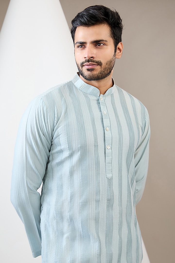 Sky Blue Cotton Silk Thread Embroidered Kurta Set by Dev Kumar at Pernia's Pop Up Shop