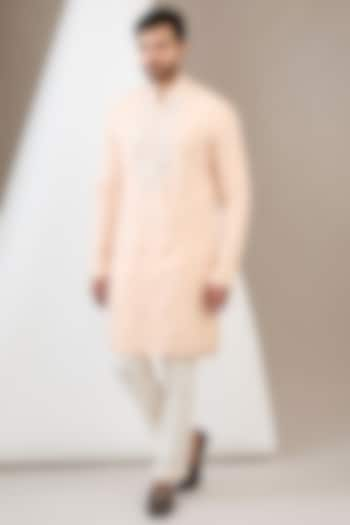 Peach Cotton Silk Mirror Embroidered Kurta Set by Dev Kumar at Pernia's Pop Up Shop