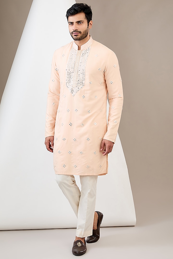 Peach Cotton Silk Mirror Embroidered Kurta Set by Dev Kumar at Pernia's Pop Up Shop