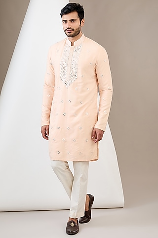 Peach Cotton Silk Mirror Embroidered Kurta Set by Dev Kumar