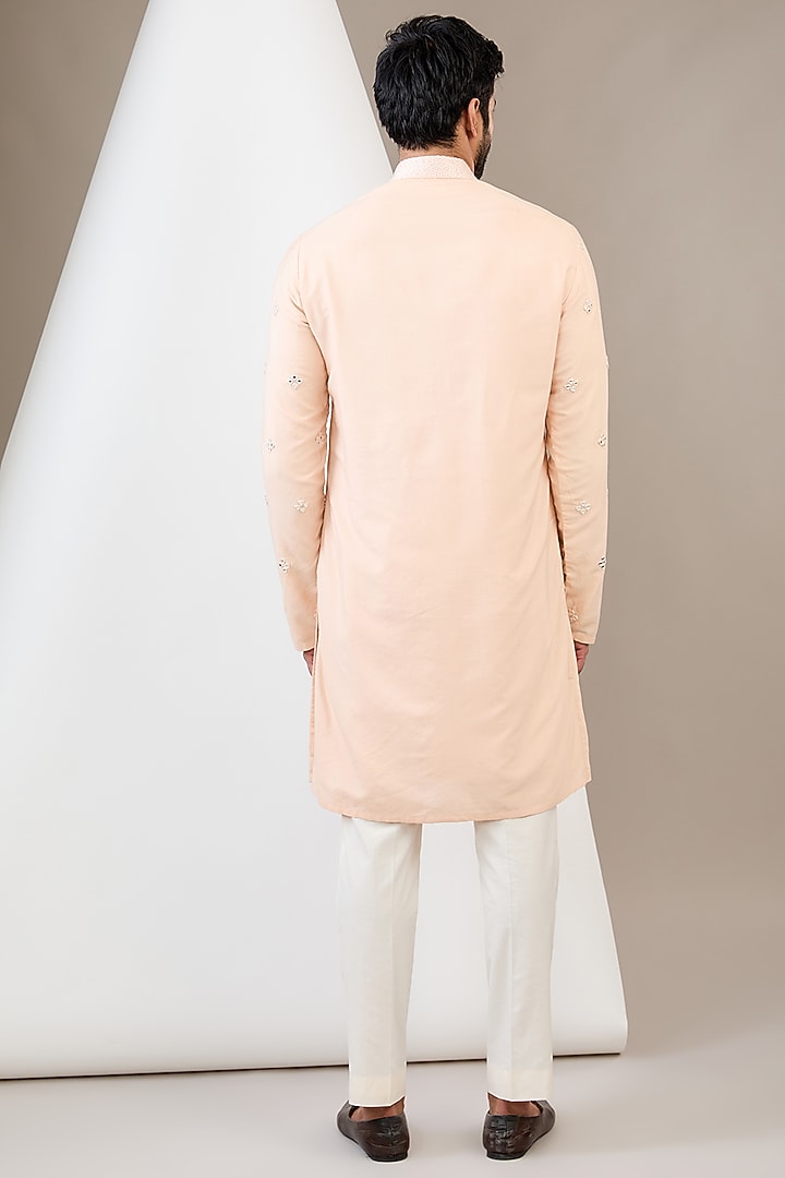 Peach Cotton Silk Mirror Embroidered Kurta Set by Dev Kumar at Pernia's Pop Up Shop