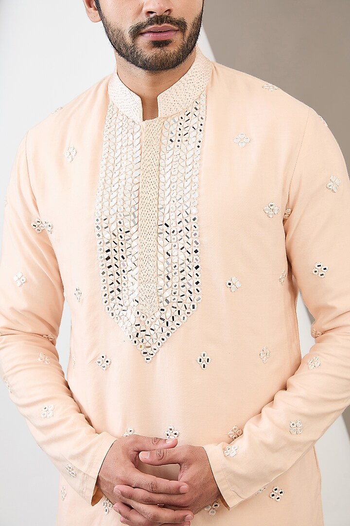 Peach Cotton Silk Mirror Embroidered Kurta Set by Dev Kumar at Pernia's Pop Up Shop