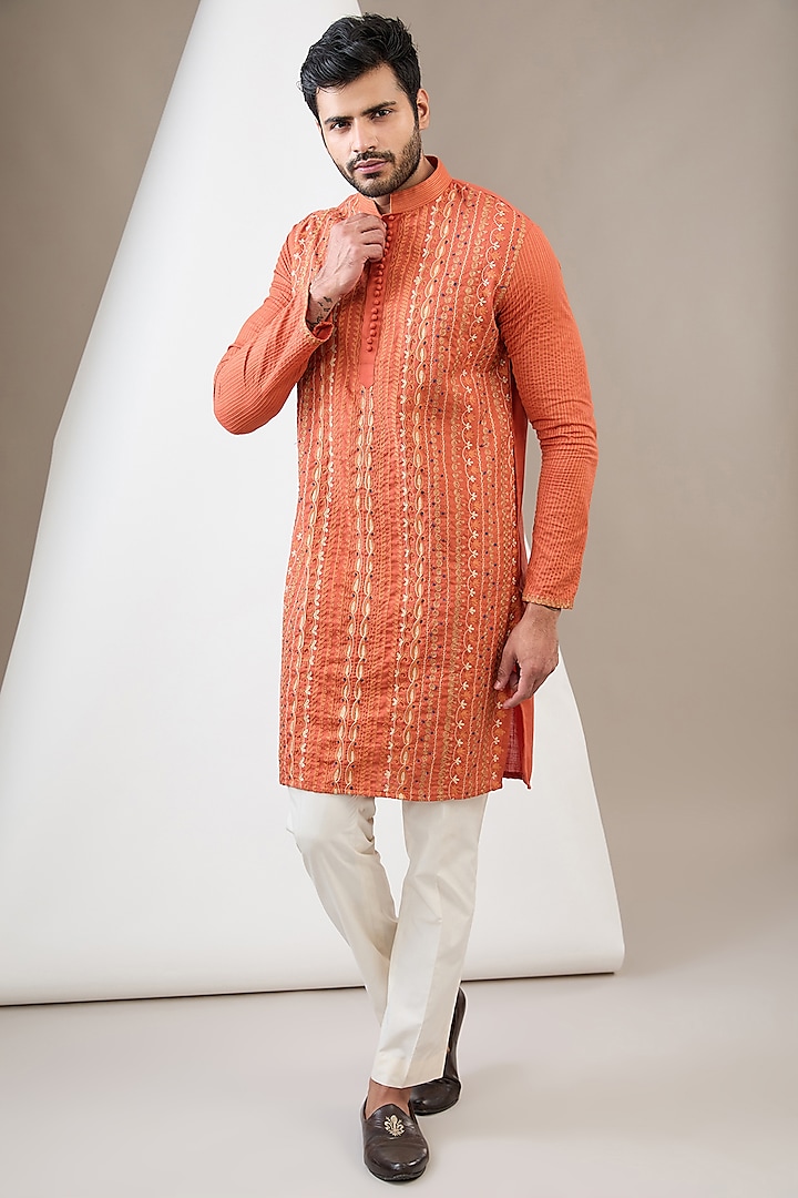 Rust Cotton Matka Aari Embroidered Kurta Set by Dev Kumar at Pernia's Pop Up Shop