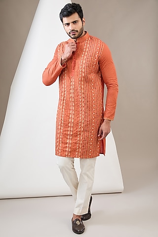 Rust Cotton Matka Aari Embroidered Kurta Set by Dev Kumar