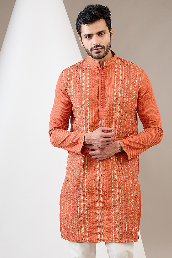 Rust Cotton Matka Aari Embroidered Kurta Set by Dev Kumar at Pernia's Pop Up Shop