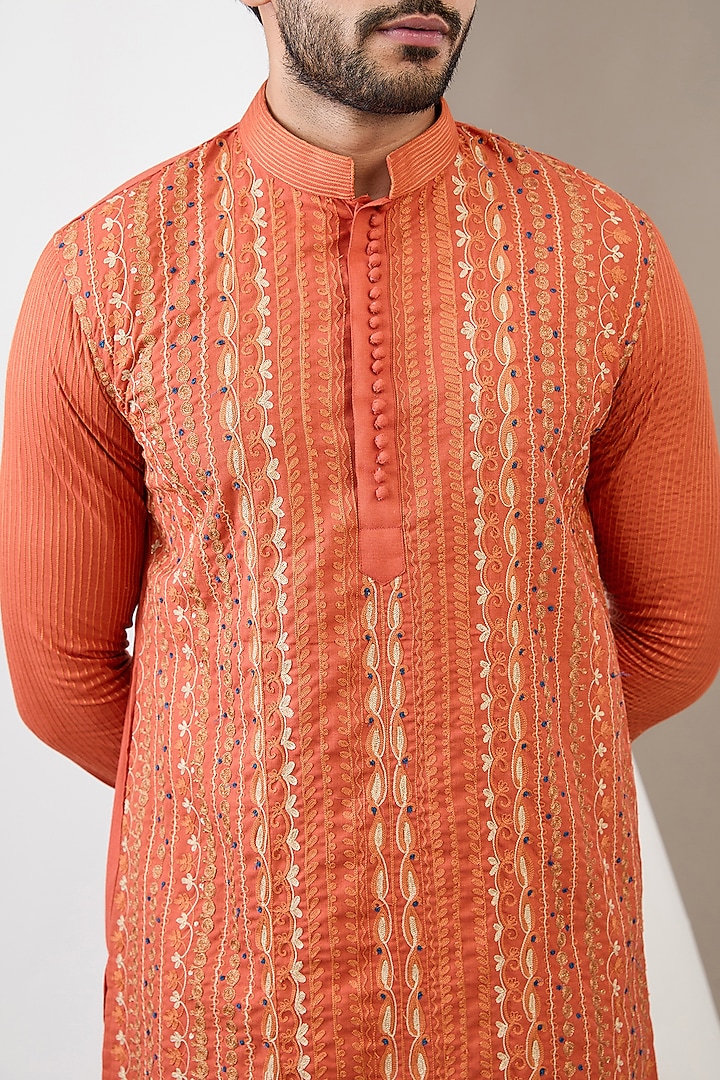 Rust Cotton Matka Aari Embroidered Kurta Set by Dev Kumar at Pernia's Pop Up Shop