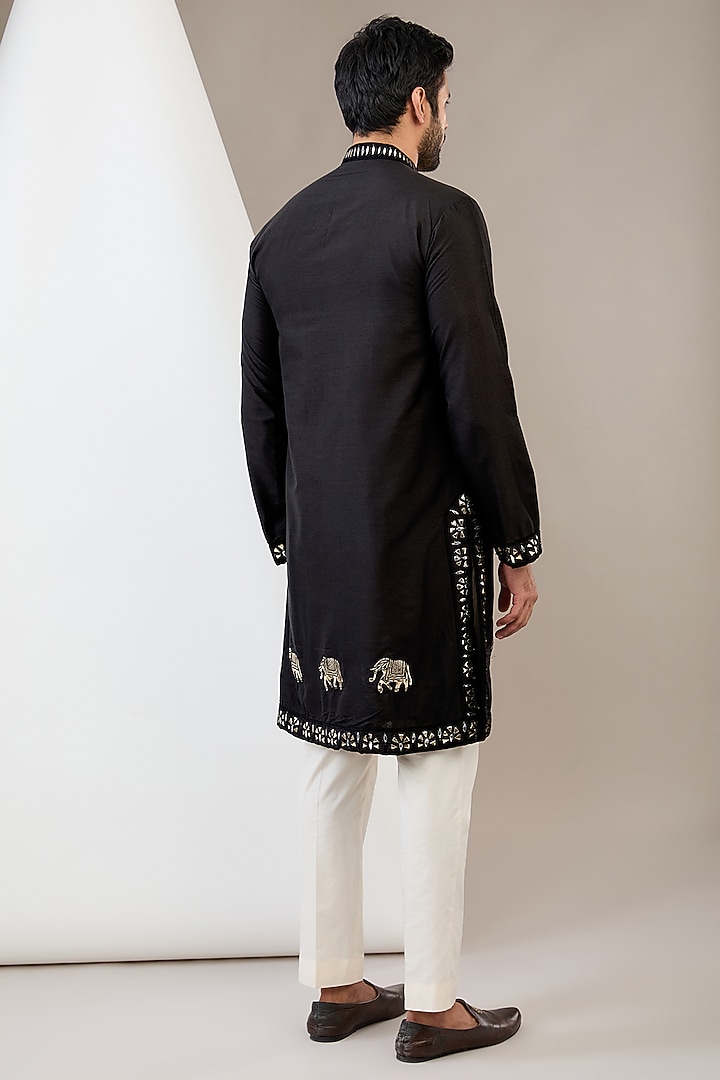 Black Cotton Silk Resham Embroidered Kurta Set by Dev Kumar at Pernia's Pop Up Shop