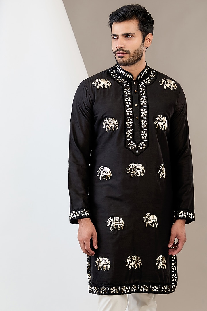 Black Cotton Silk Resham Embroidered Kurta Set by Dev Kumar at Pernia's Pop Up Shop