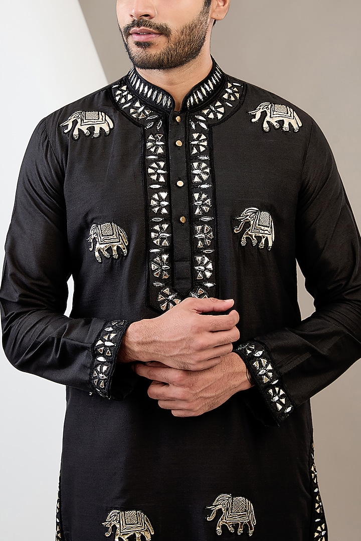 Black Cotton Silk Resham Embroidered Kurta Set by Dev Kumar at Pernia's Pop Up Shop
