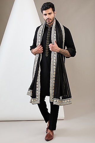 Black Italian Crepe Hand Embroidered Kurta Set by Dev Kumar