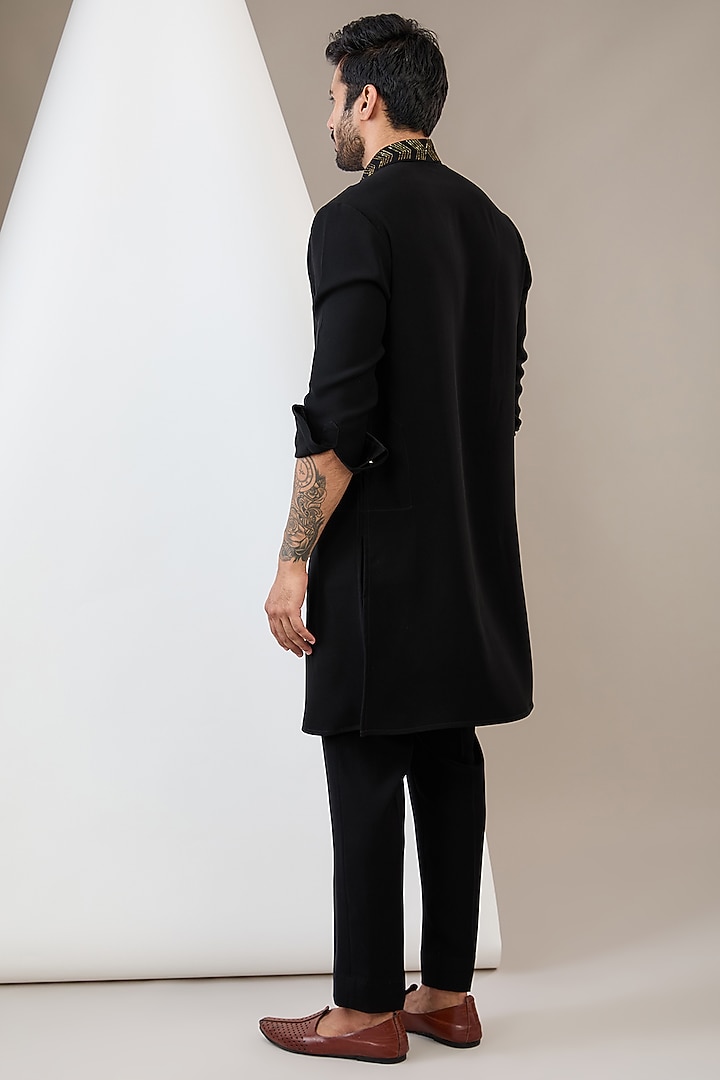 Black Italian Crepe Hand Embroidered Kurta Set by Dev Kumar at Pernia's Pop Up Shop