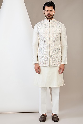 White Raw Silk Hand Embroidered Bundi Jacket Set by Dev Kumar