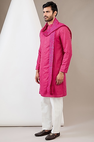 Pink Cotton Silk Mirror Embroidered Kurta Set by Dev Kumar