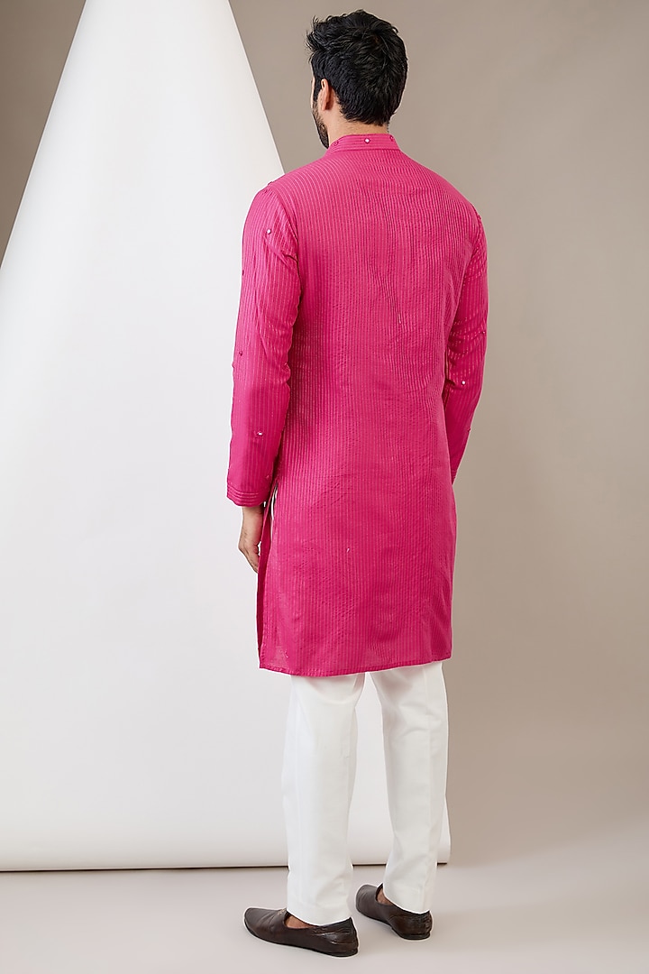 Pink Cotton Silk Mirror Embroidered Kurta Set by Dev Kumar at Pernia's Pop Up Shop