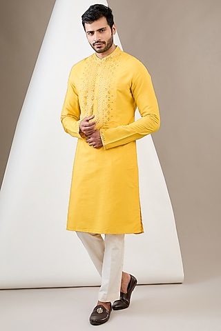 Yellow Cotton Silk Mirror Embroidered Kurta Set by Dev Kumar