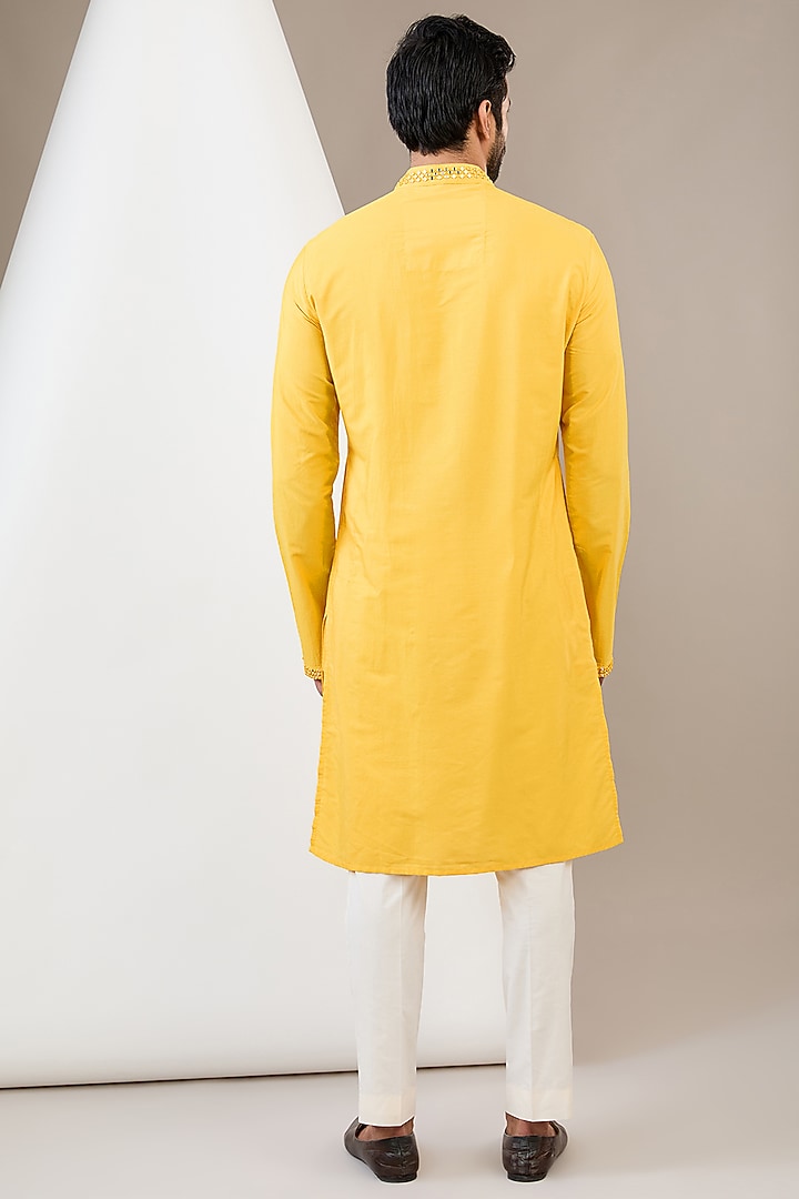 Yellow Cotton Silk Mirror Embroidered Kurta Set by Dev Kumar at Pernia's Pop Up Shop