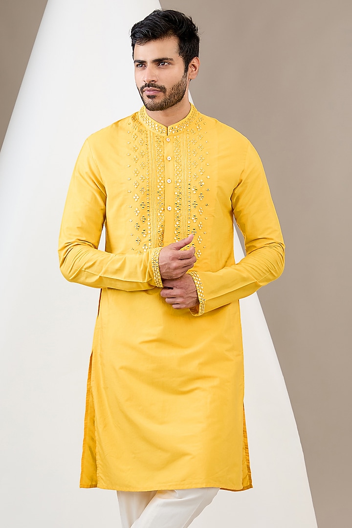 Yellow Cotton Silk Mirror Embroidered Kurta Set by Dev Kumar at Pernia's Pop Up Shop