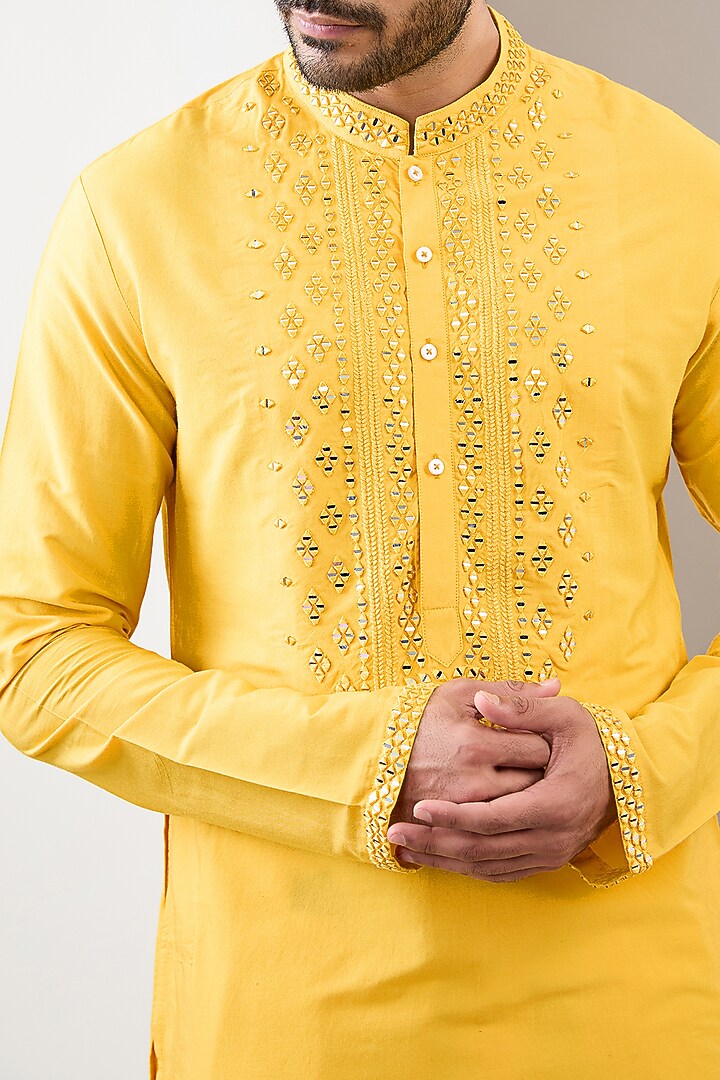 Yellow Cotton Silk Mirror Embroidered Kurta Set by Dev Kumar at Pernia's Pop Up Shop