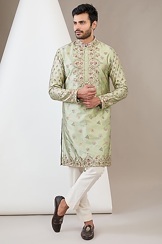Dusty Green Cotton Silk Hand Embroidered Kurta Set by Dev Kumar