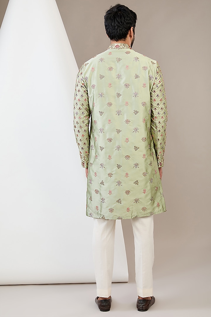 Dusty Green Cotton Silk Hand Embroidered Kurta Set by Dev Kumar at Pernia's Pop Up Shop