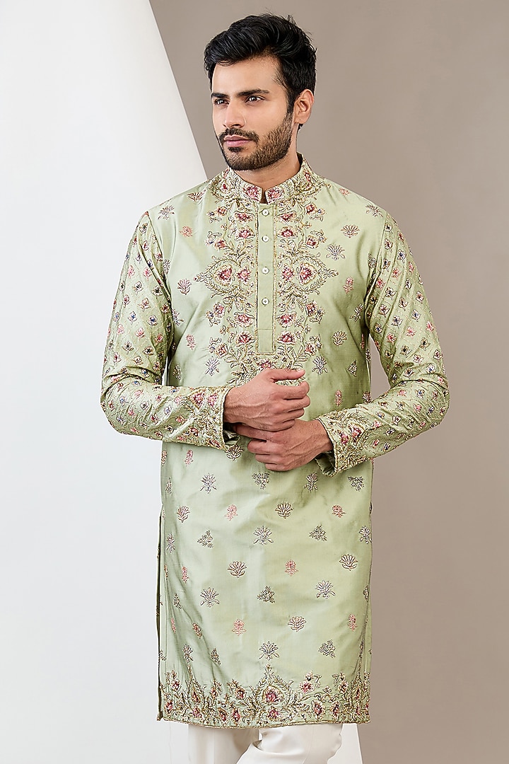 Dusty Green Cotton Silk Hand Embroidered Kurta Set by Dev Kumar at Pernia's Pop Up Shop