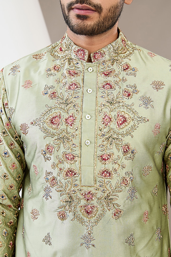 Dusty Green Cotton Silk Hand Embroidered Kurta Set by Dev Kumar at Pernia's Pop Up Shop
