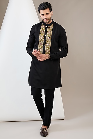 Black Italian Crepe Hand Embroidered Kurta Set by Dev Kumar
