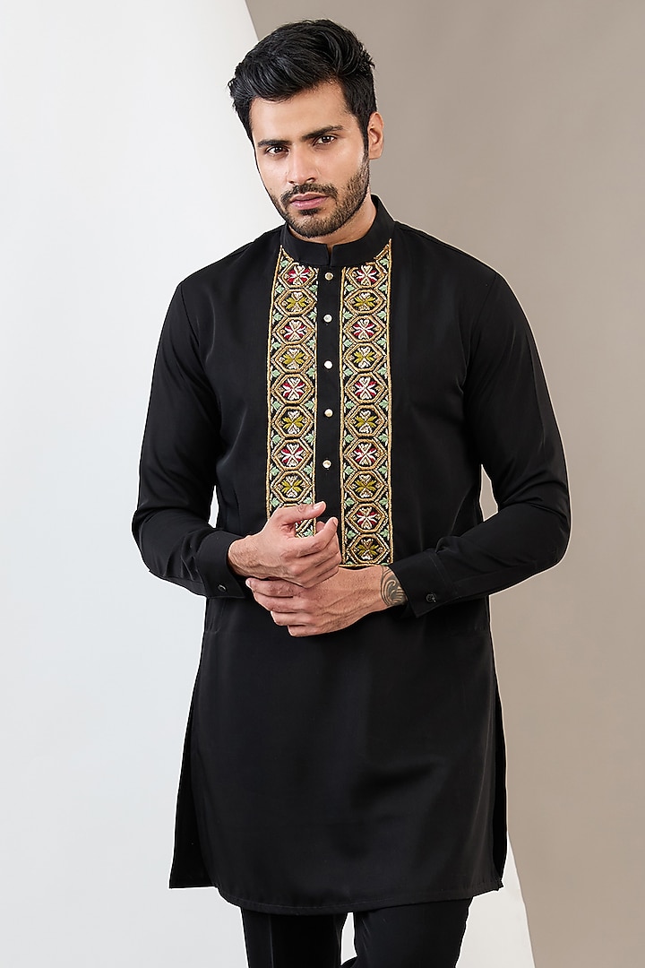 Black Italian Crepe Hand Embroidered Kurta Set by Dev Kumar at Pernia's Pop Up Shop