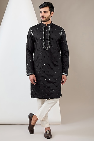Black Cotton Satin Hand Embroidered Kurta Set by Dev Kumar