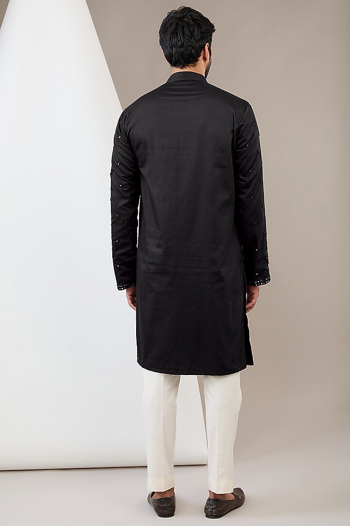 Black Cotton Satin Hand Embroidered Kurta Set by Dev Kumar at Pernia's Pop Up Shop