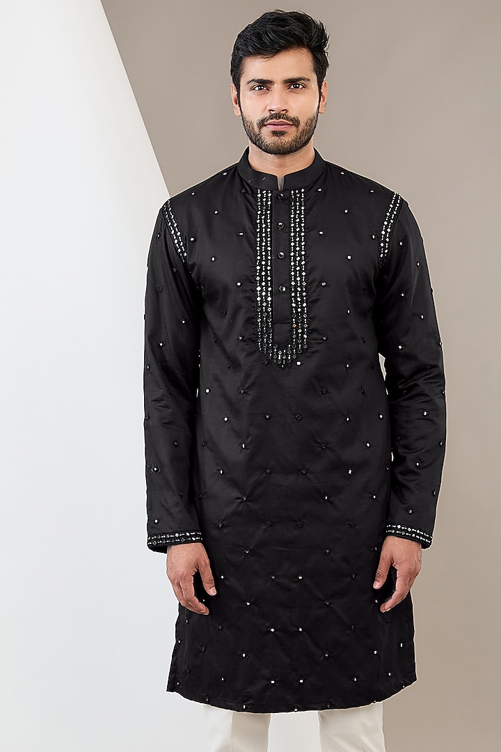 Black Cotton Satin Hand Embroidered Kurta Set by Dev Kumar at Pernia's Pop Up Shop