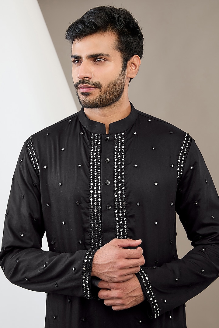 Black Cotton Satin Hand Embroidered Kurta Set by Dev Kumar at Pernia's Pop Up Shop