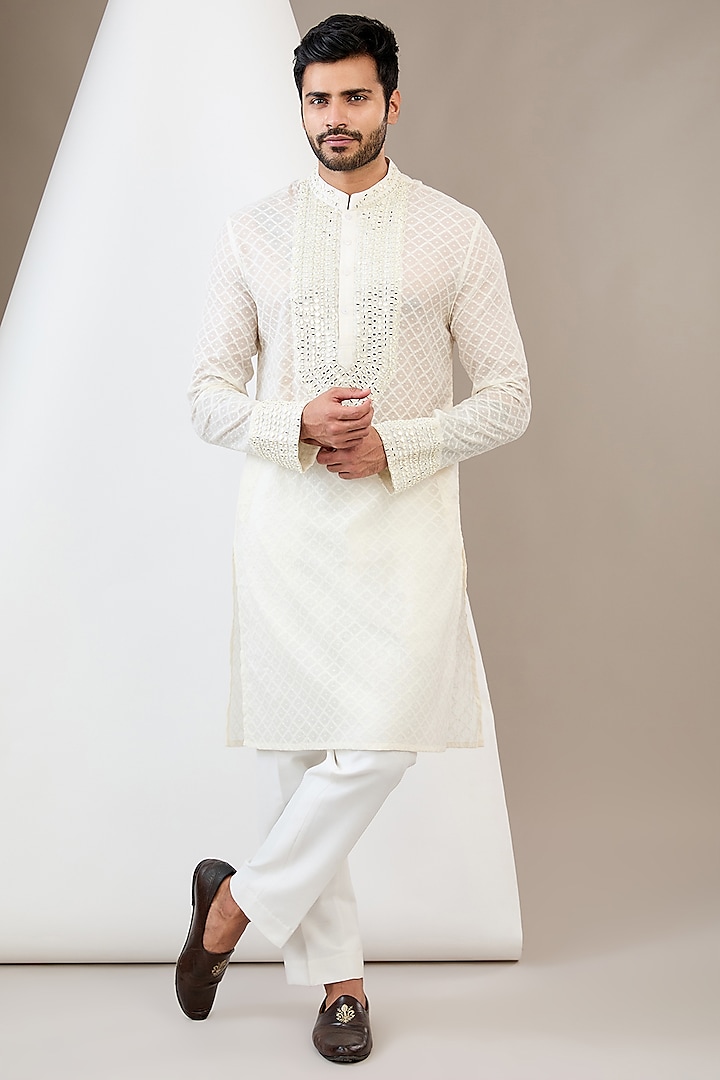 White Cotton Silk Mirror Embroidered Kurta Set by Dev Kumar