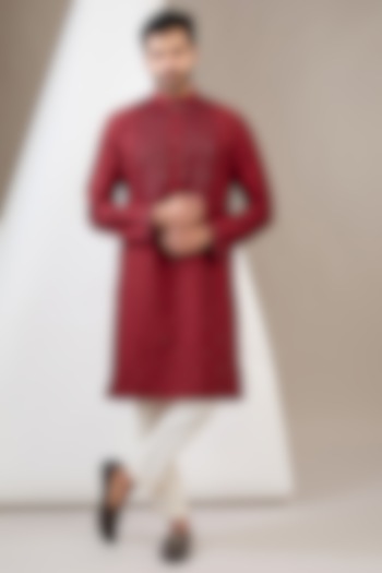 Red Cotton Silk Mirror Embroidered Kurta Set by Dev Kumar