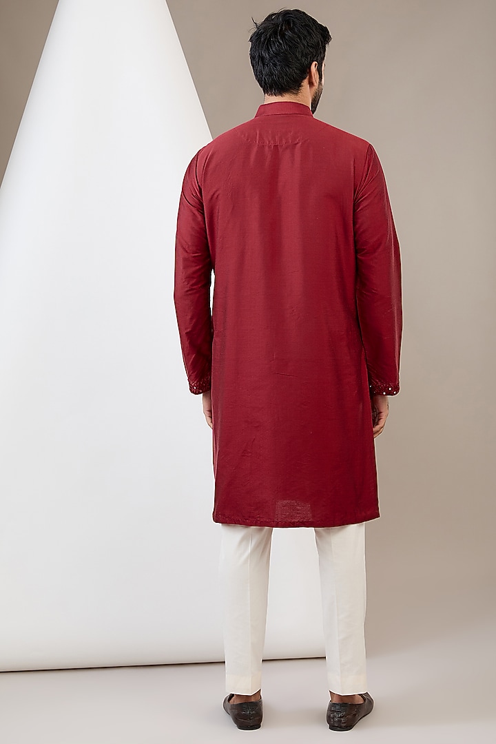 Red Cotton Silk Mirror Embroidered Kurta Set by Dev Kumar at Pernia's Pop Up Shop