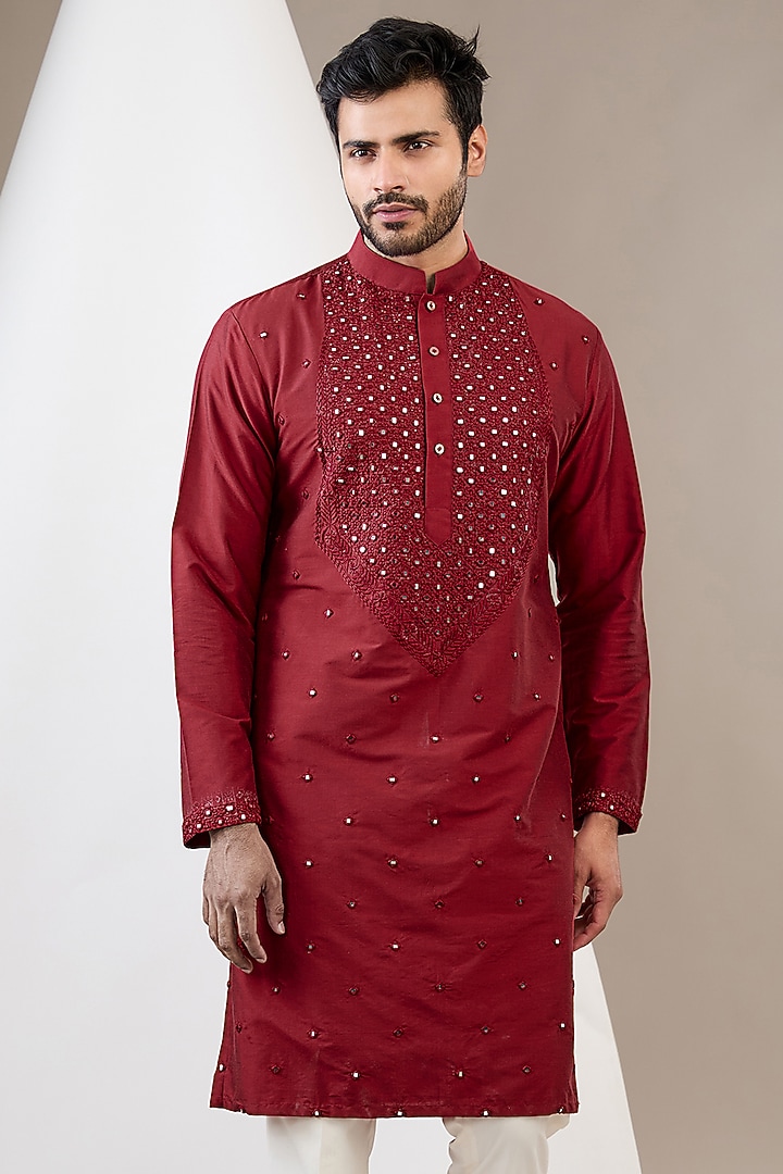 Red Cotton Silk Mirror Embroidered Kurta Set by Dev Kumar at Pernia's Pop Up Shop