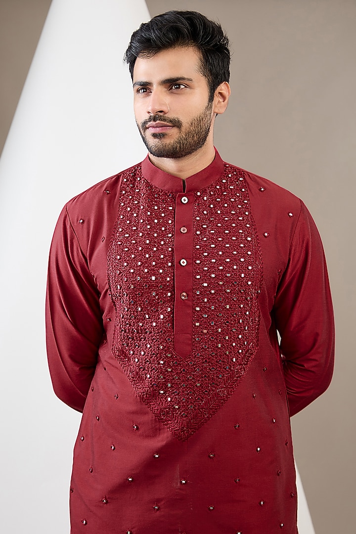 Red Cotton Silk Mirror Embroidered Kurta Set by Dev Kumar at Pernia's Pop Up Shop