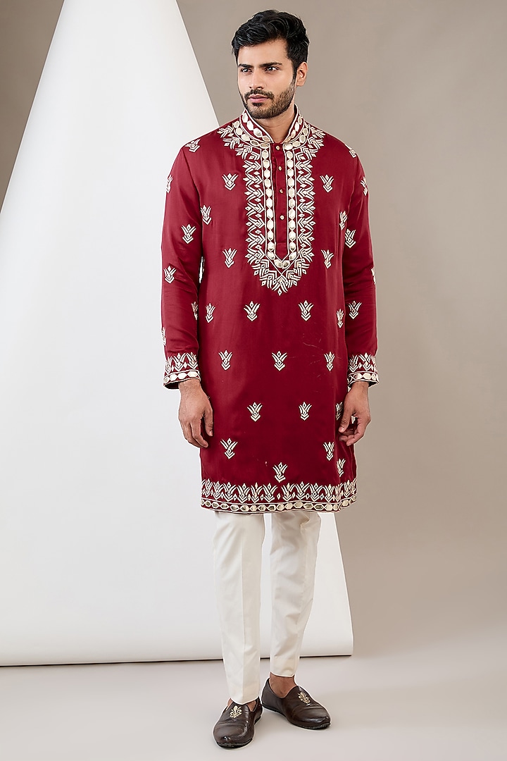 Red Cotton Silk Thread Embroidered Kurta Set by Dev Kumar