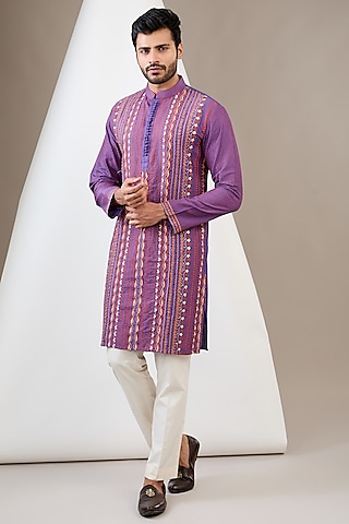 Mauve Cotton Silk Machine Embroidered Kurta Set by Dev Kumar